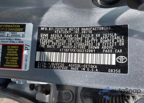2017 Toyota Camry Se z USA, uszkodzony, nr VIN 4T1BF1FK1HU312981